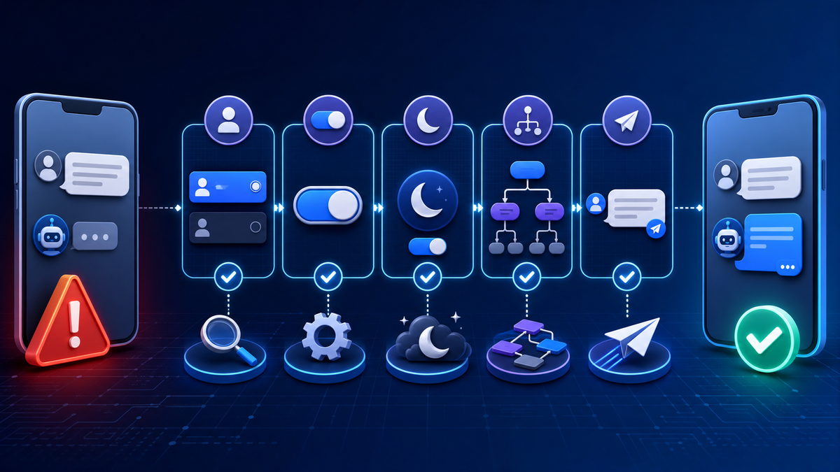 Automatic reply diagnostic flow checking Page identity, active status, away mode, routing, fresh testing, and successful delivery.