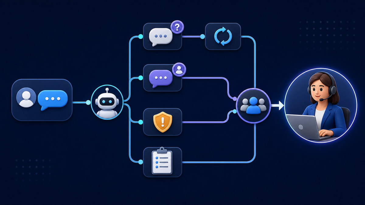 Automatic reply escalation flow for unrecognized messages, retry, human request, sensitive topics, context summary, and accountable review.