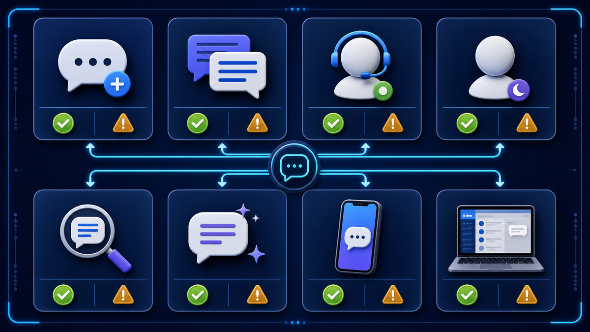 Automatic reply test matrix for fresh and existing conversations, staffed and away status, keywords, mobile, and desktop.