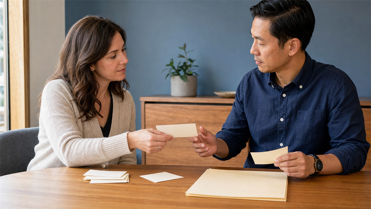 Two colleagues discussing a blank handoff map in a bright small office.