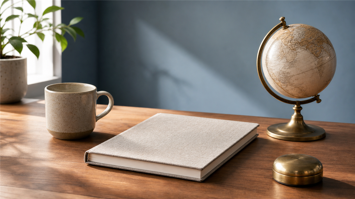 A professional desk with a closed notebook, ceramic cup, and a small globe in warm light.