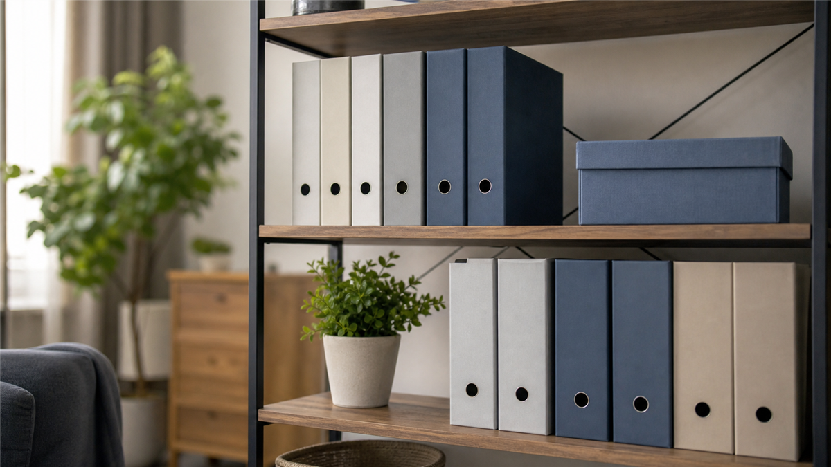 A shelf with clean plain binders and a small plant in a home office.
