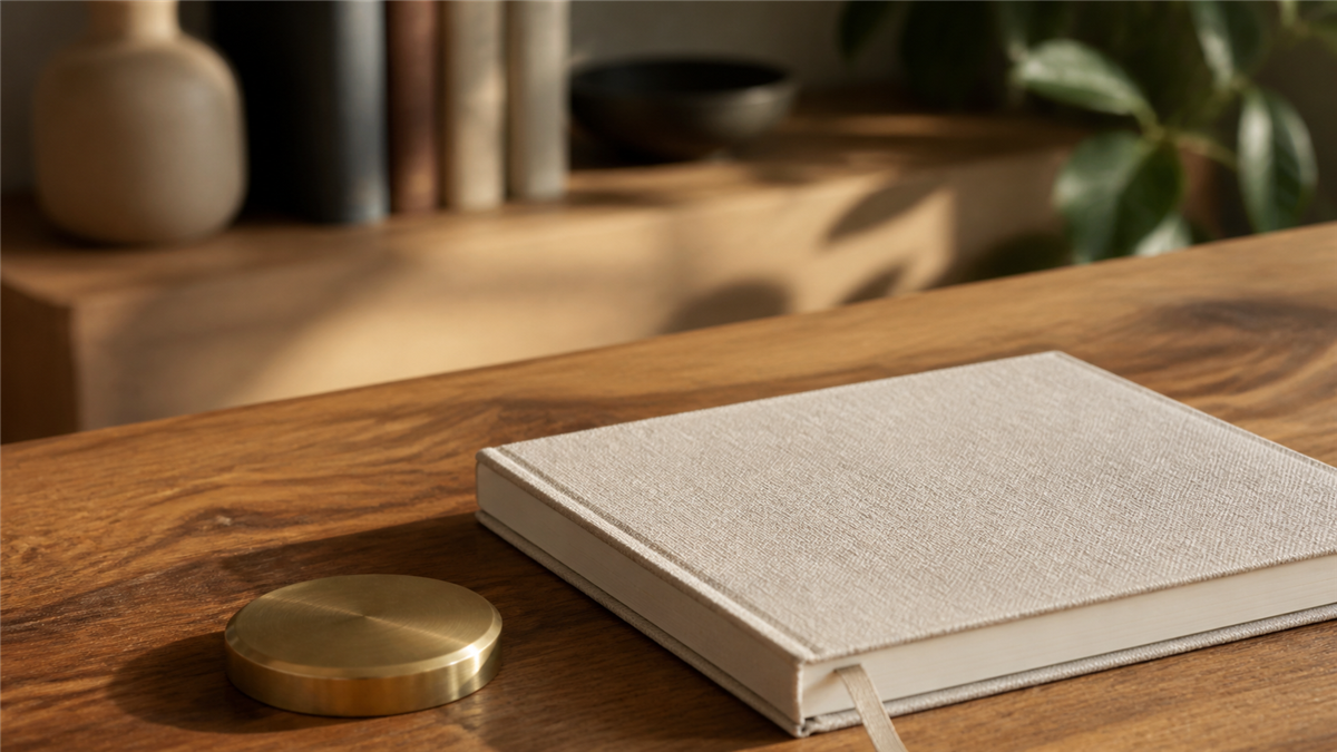 A closed notebook and brass paperweight on a warm wooden desk.