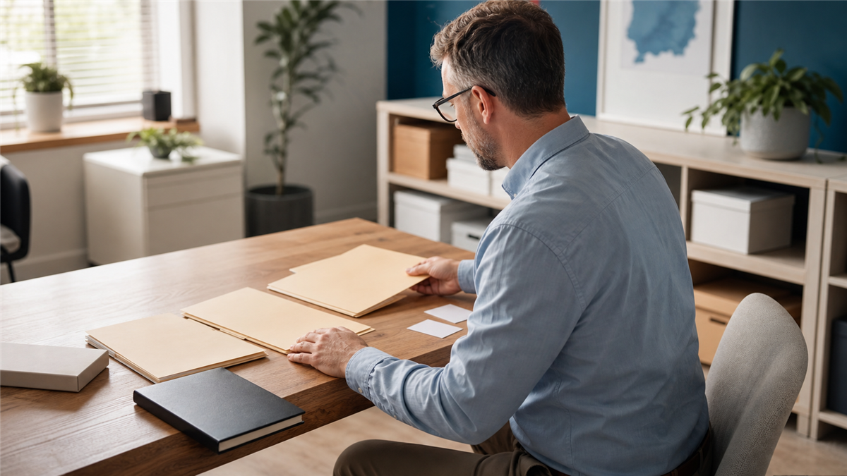 A project lead arranging plain folders on a worktable in a bright office.