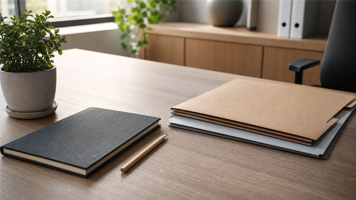A clean desk with a closed notebook, pencil, and organized paper folders.