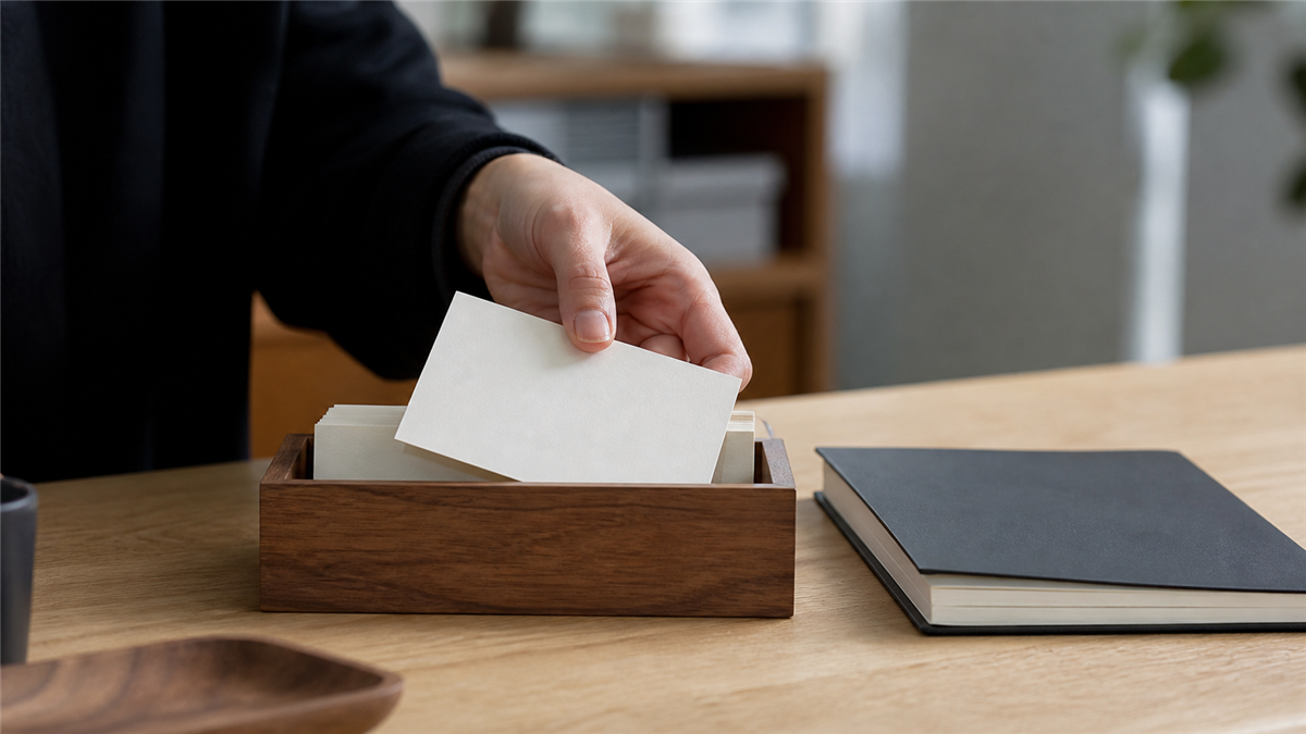 A hand placing a plain index card into a wood tray on a desk.